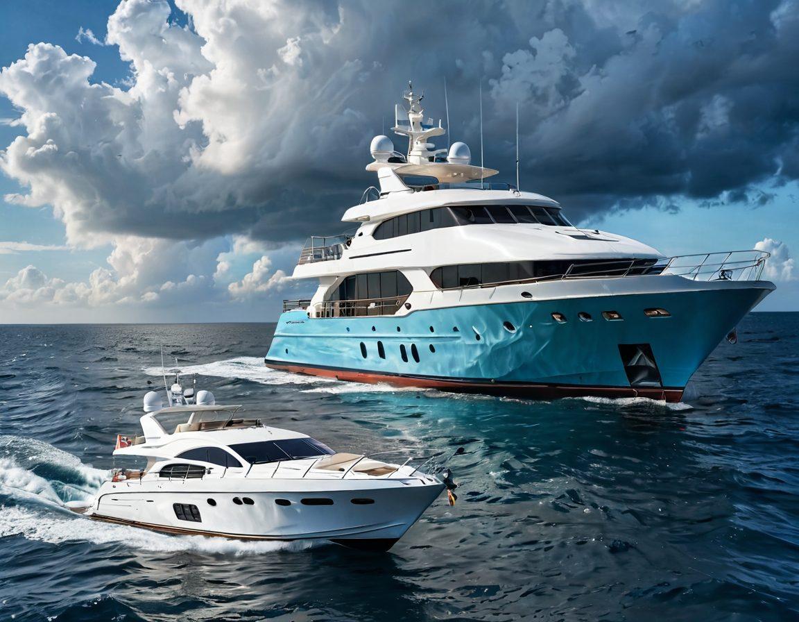 A luxury yacht juxtaposed against a dilapidated fishing boat, symbolizing the spectrum of marine vessel insurance. The scene should capture the vastness of the ocean, with waves crashing gently and a cloudy sky enhancing the mood. Include visual elements like insurance policy papers floating in the water, hinting at the complexities of coverage options. The focus should be on contrasting wealth and risk in marine vessels. super-realistic. vibrant colors. 3D.
