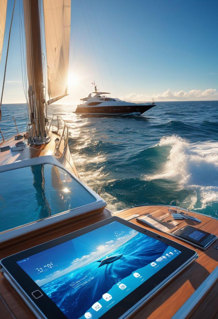 A luxurious yacht gliding through serene blue waves, surrounded by sparkling sunlight reflections. In the foreground, a confident captain checks a high-tech insurance tablet, while a gentle breeze ruffles the sails. Elegant dolphins playfully leap nearby, embodying freedom and adventure. The scene captures both the essence of luxury and the importance of protection at sea. super-realistic. vibrant colors. 3D.