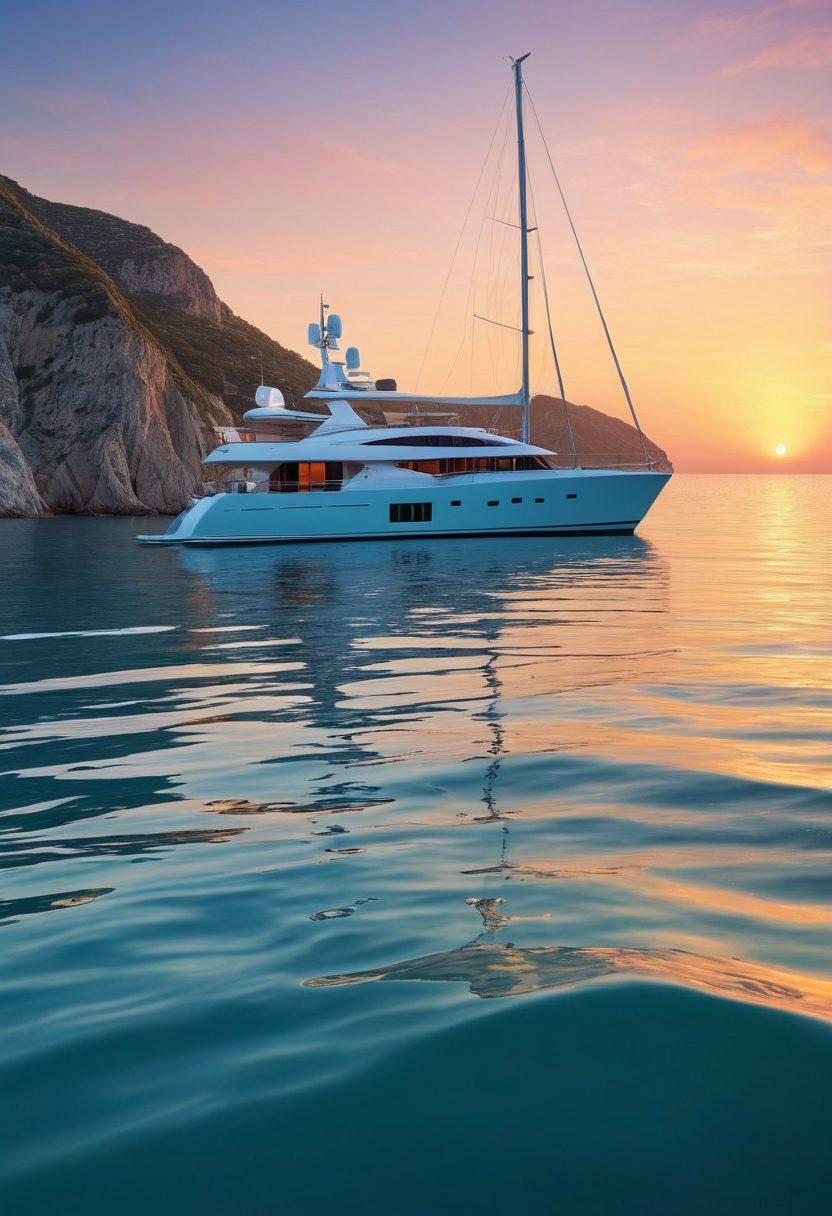 A luxurious yacht sailing through calm azure waters, with a backdrop of a tranquil sunset. In the foreground, a protective shield symbolize yacht safety measures, overlaying nautical maps and risk management concepts. The sky filled with soft pastel colors, reflecting the serenity of the sea. Vivid details of the yacht and a rugged coastline in the distance. super-realistic. vibrant colors. serene atmosphere.